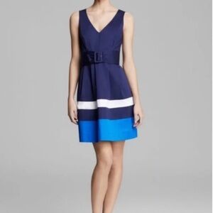 KATE SPADE Sawyer Belted Pleated Stripe Sleeveless Dress - Blue, Sz‎ 10